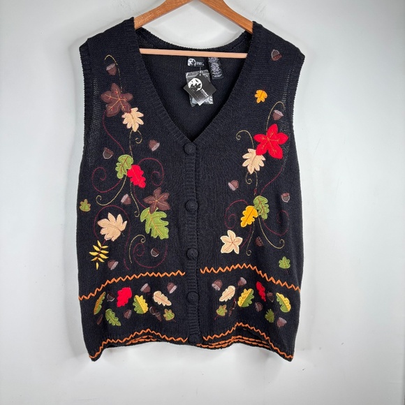 NWT Vintage Fall Sweater Vest XL Embroidered Leaves 90s Witchy Granny Halloween - Picture 1 of 8